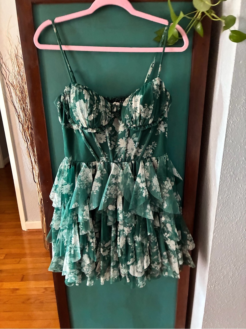 B Darlin Green and White Floral Tiered Ruffle Mini Dress